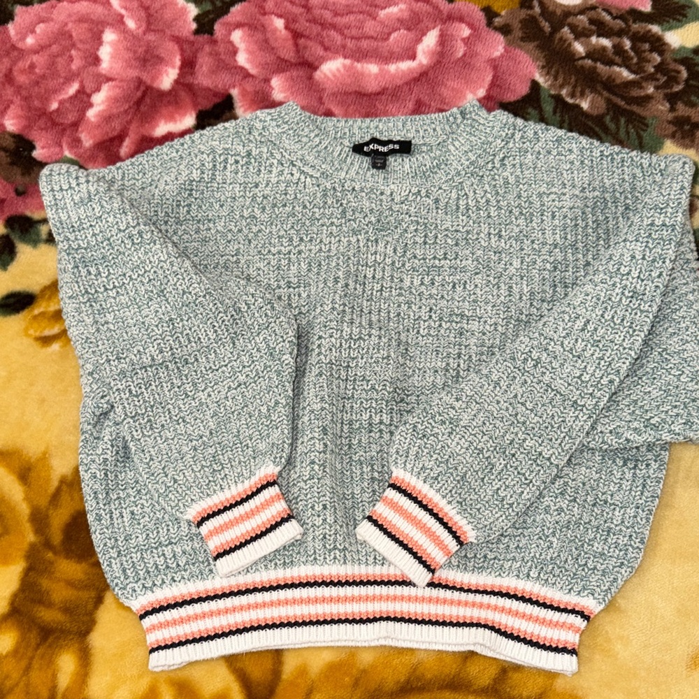 Express Women's Textured Grayish Blue Sweater with Striped Accents